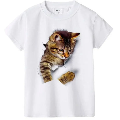 Girls Summer Cute 3D Cat Print Short Sleeve T-Shirt