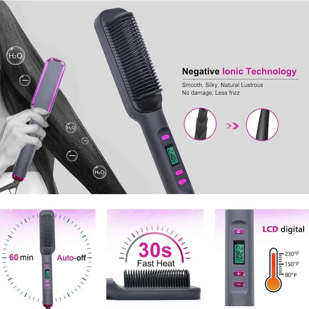 Hair Straightener Ceramic Hot Comb 2 in 1 Electric Straighten Hair Brush Negative Ion Fast Heating Styling Tool ﻿