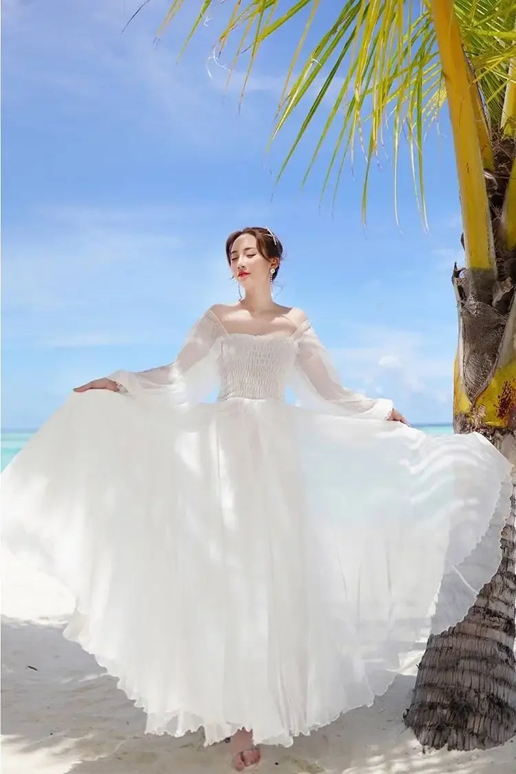 Dresses for Women Summer New Chiffon off-Shoulder Dress White Dress Vestido De Mujer