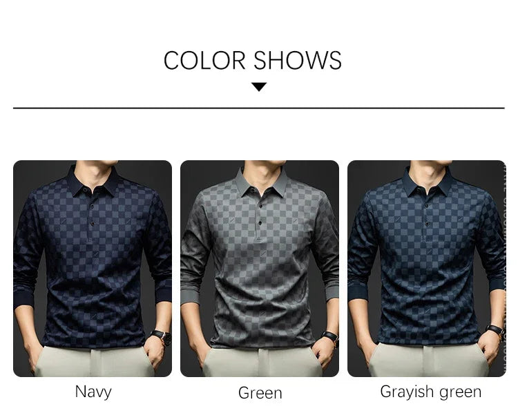 Polo Shirts for Man Autumn Business Slim Fit Long Sleeve T Shirt Men New Casual Loose Pullover Plaid Men Tops &amp; Tees