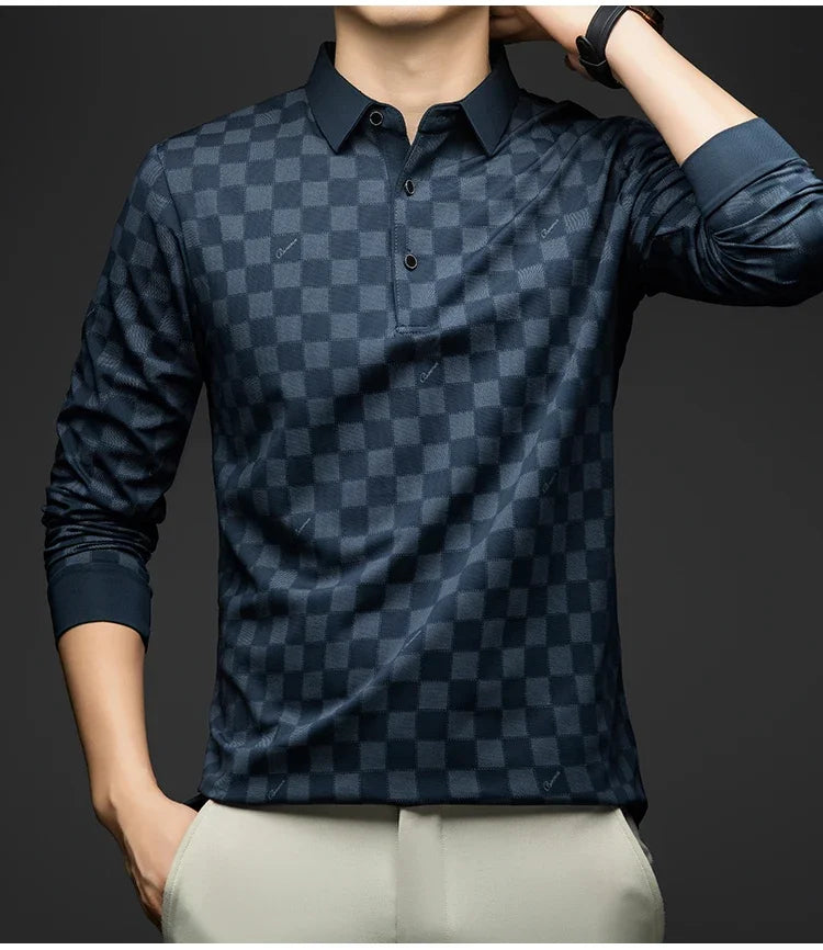 Polo Shirts for Man Autumn Business Slim Fit Long Sleeve T Shirt Men New Casual Loose Pullover Plaid Men Tops &amp; Tees