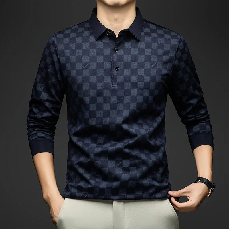 Polo Shirts for Man Autumn Business Slim Fit Long Sleeve T Shirt Men New Casual Loose Pullover Plaid Men Tops &amp; Tees