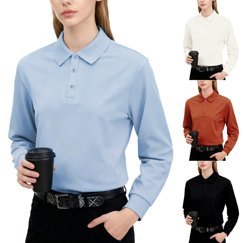 Solid Polo Shirts Womens Long Sleeves Slim GOLF shirt Commuting Winter Breathable Lapel Tops Sporty Comfortable Womans Clothes