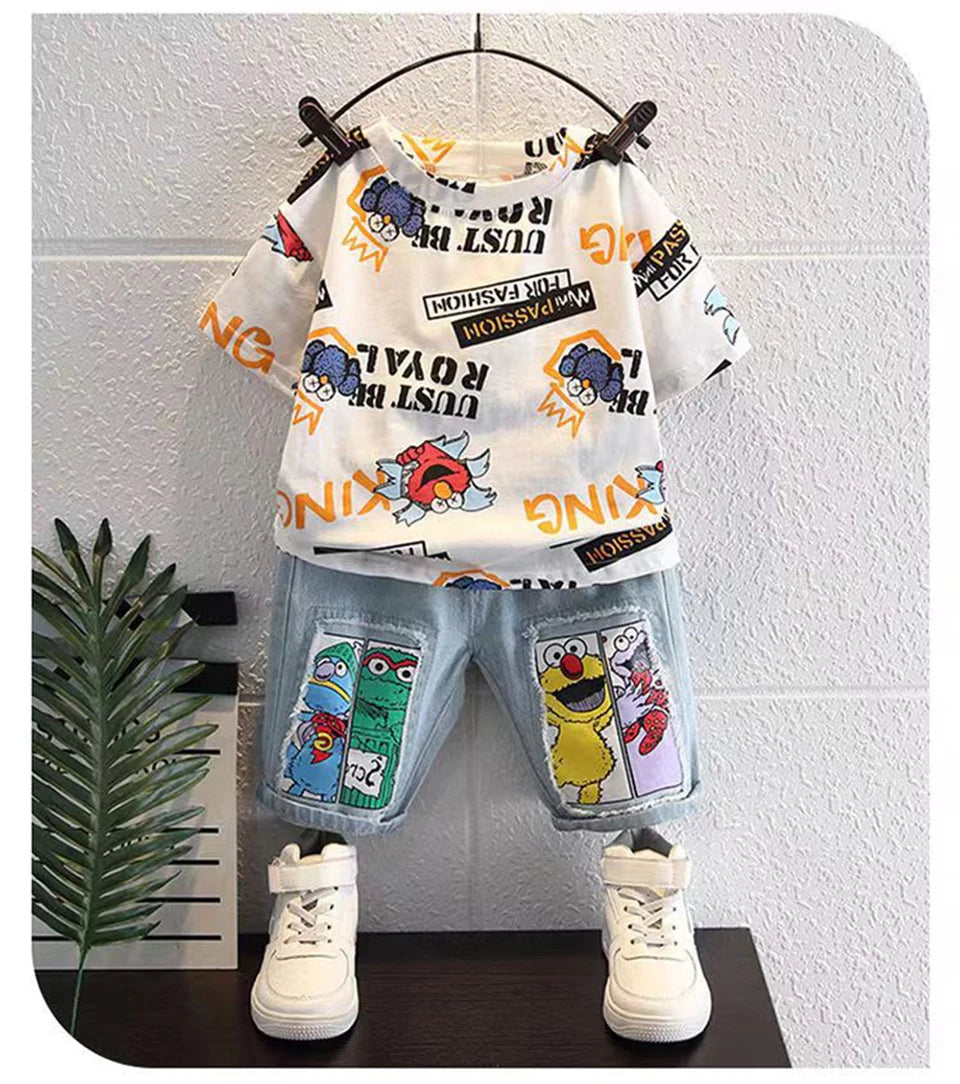 2026 Kids Cartoon Tee Denim Shorts Set Boys 3-12Y