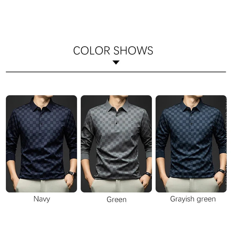 Polo Shirts for Man Autumn Business Slim Fit Long Sleeve T Shirt Men New Casual Loose Pullover Plaid Men Tops &amp; Tees