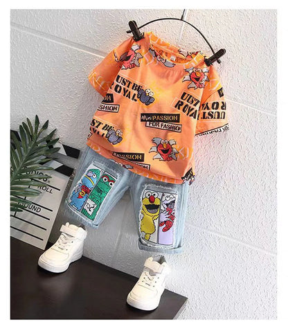 2026 Kids Cartoon Tee Denim Shorts Set Boys 3-12Y