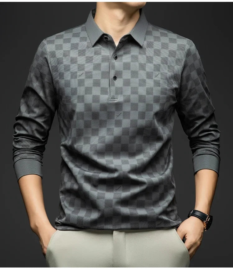 Polo Shirts for Man Autumn Business Slim Fit Long Sleeve T Shirt Men New Casual Loose Pullover Plaid Men Tops &amp; Tees