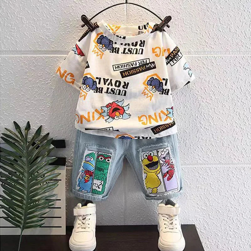 2026 Kids Cartoon Tee Denim Shorts Set Boys 3-12Y