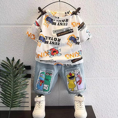 2026 Kids Cartoon Tee Denim Shorts Set Boys 3-12Y