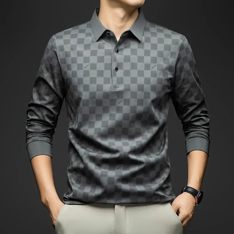 Polo Shirts for Man Autumn Business Slim Fit Long Sleeve T Shirt Men New Casual Loose Pullover Plaid Men Tops &amp; Tees