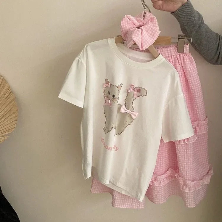 Girls Cat Shirt &amp; Pleated Skirt Set Toddler 2Pcs Outfit