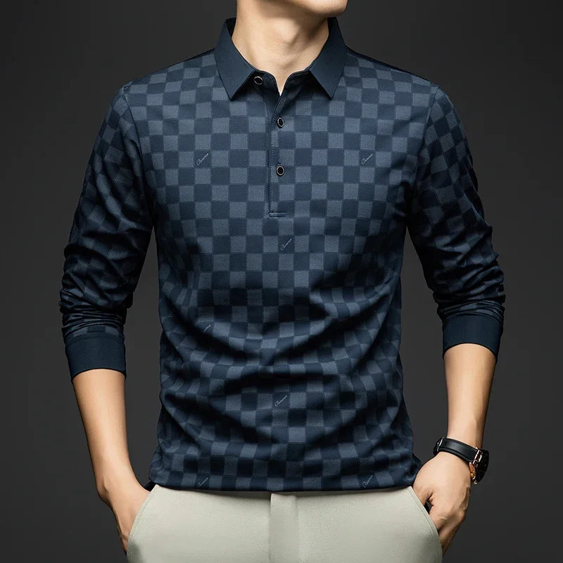 Polo Shirts for Man Autumn Business Slim Fit Long Sleeve T Shirt Men New Casual Loose Pullover Plaid Men Tops &amp; Tees