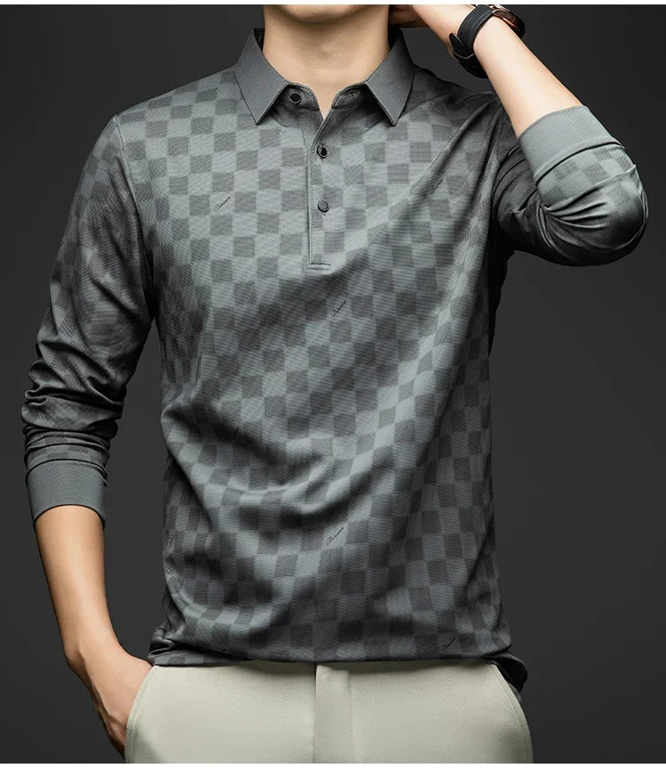 Polo Shirts for Man Autumn Business Slim Fit Long Sleeve T Shirt Men New Casual Loose Pullover Plaid Men Tops &amp; Tees