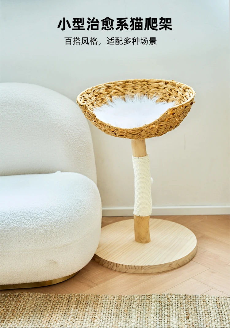 Modern Wooden Cat Tree Multi-Level Climbing Tower Rattan