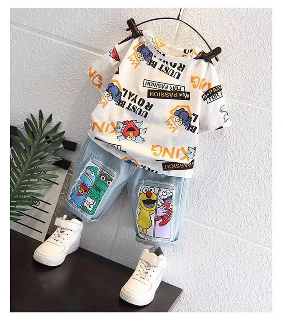 2026 Kids Cartoon Tee Denim Shorts Set Boys 3-12Y