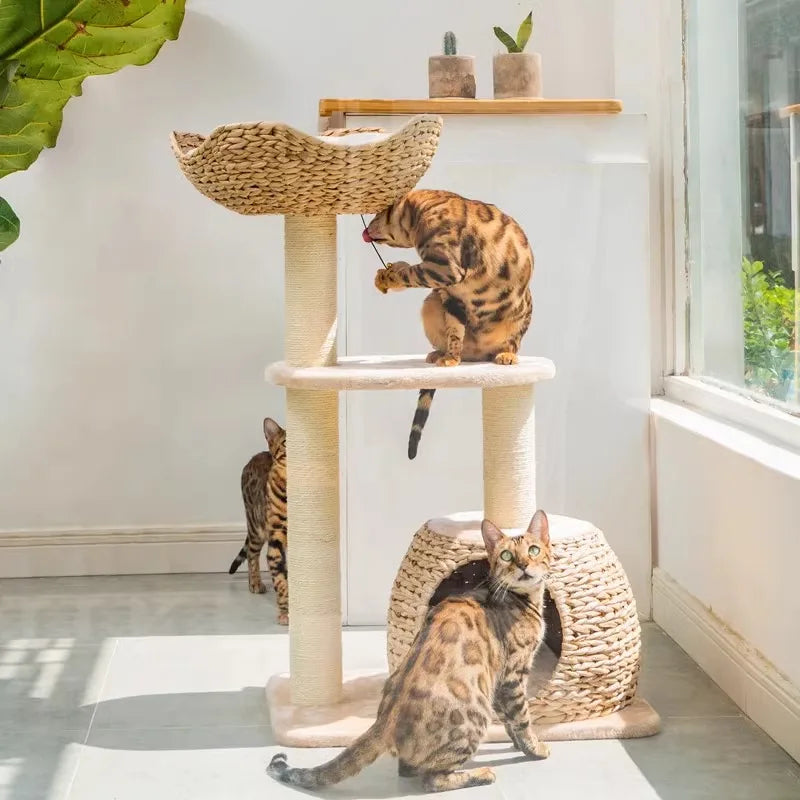 Wooden cat tree scratching post with sisal rope and flannelette platform indoor cat climbing tower for play and scratching