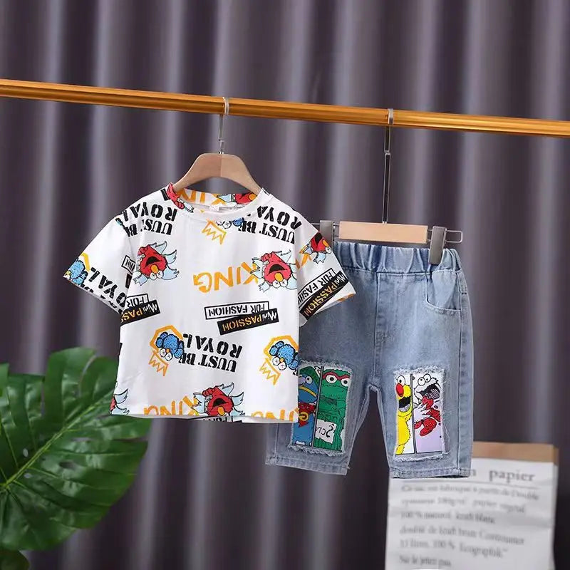 2026 Kids Cartoon Tee Denim Shorts Set Boys 3-12Y