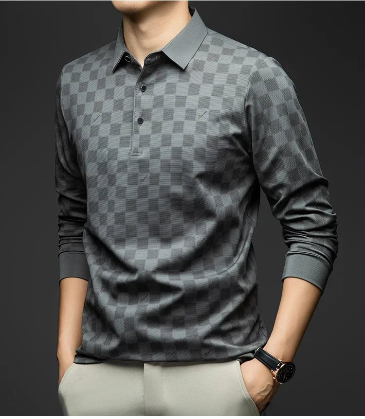 Polo Shirts for Man Autumn Business Slim Fit Long Sleeve T Shirt Men New Casual Loose Pullover Plaid Men Tops &amp; Tees
