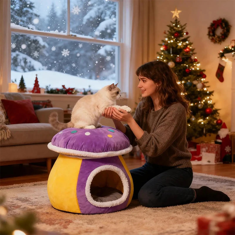 Cat bed cave winter warm enclosed sleeping nest with removable cushion for cats and small pets indoor use