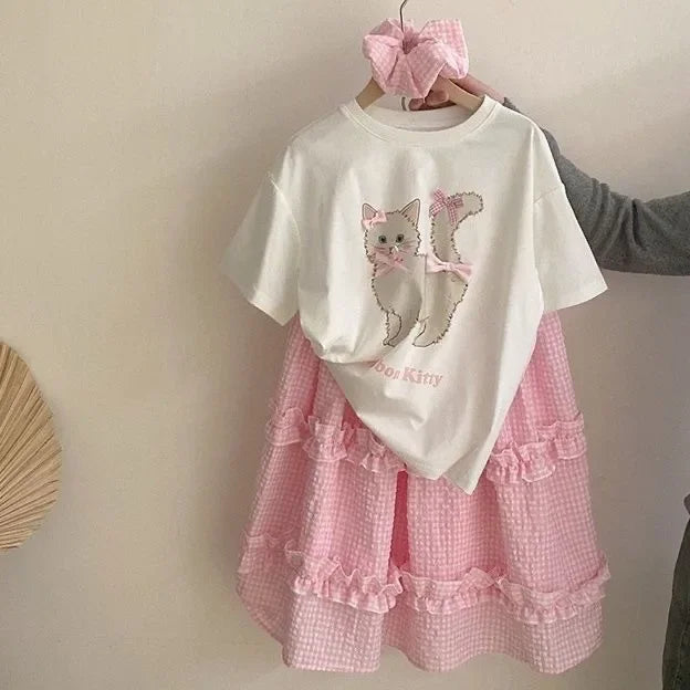 Girls Cat Shirt &amp; Pleated Skirt Set Toddler 2Pcs Outfit