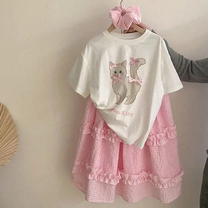 Girls Cat Shirt &amp; Pleated Skirt Set Toddler 2Pcs Outfit