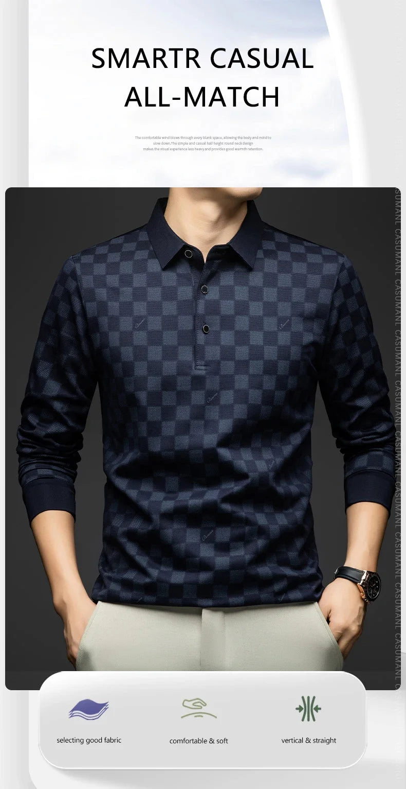 Polo Shirts for Man Autumn Business Slim Fit Long Sleeve T Shirt Men New Casual Loose Pullover Plaid Men Tops &amp; Tees