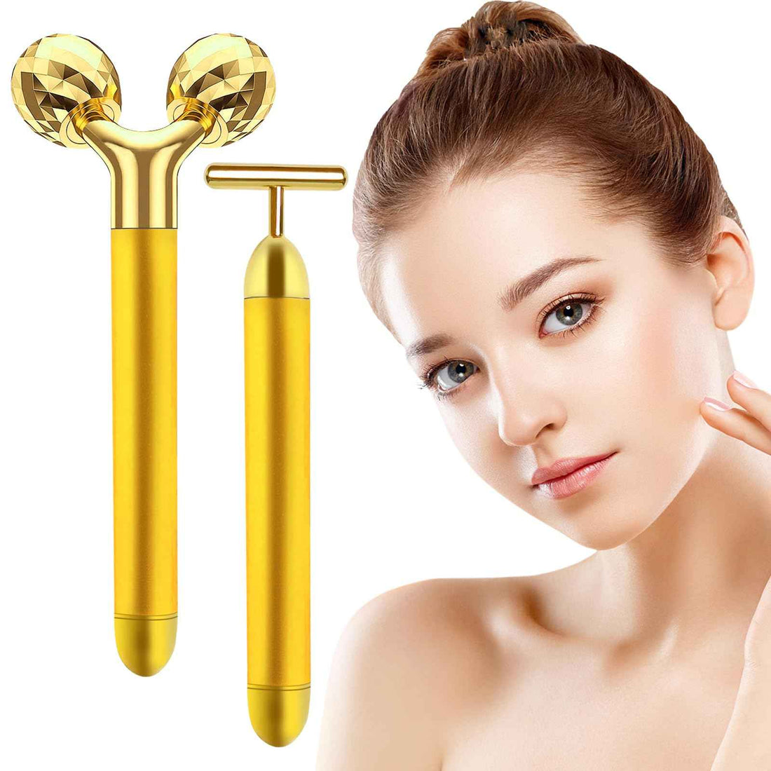 Face Massager Electric Skin Care Tool 24k Golden T Shape Beauty Bar &amp; 3D Roller Massager Vibration Facial Lifting and Body Treatment Tool Kit Reduce Puffiness Improve Wrinkles Anti Aging Device
